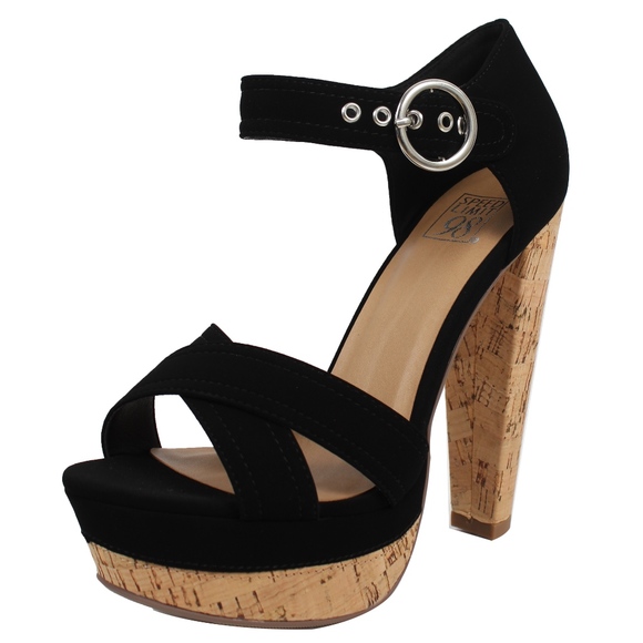 Shoes - Size 7.5 Black Faux Suede Cork Platform Heel Sand